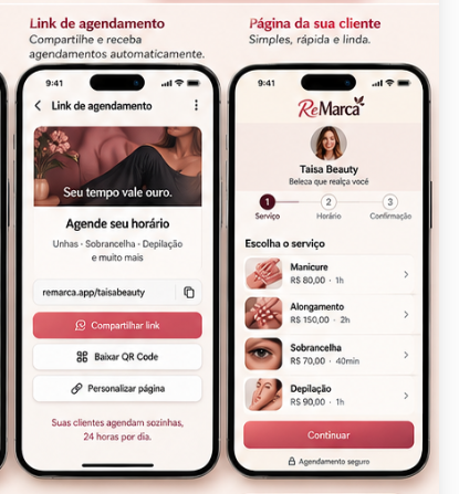 Telas reais do link de agendamento e da página da cliente