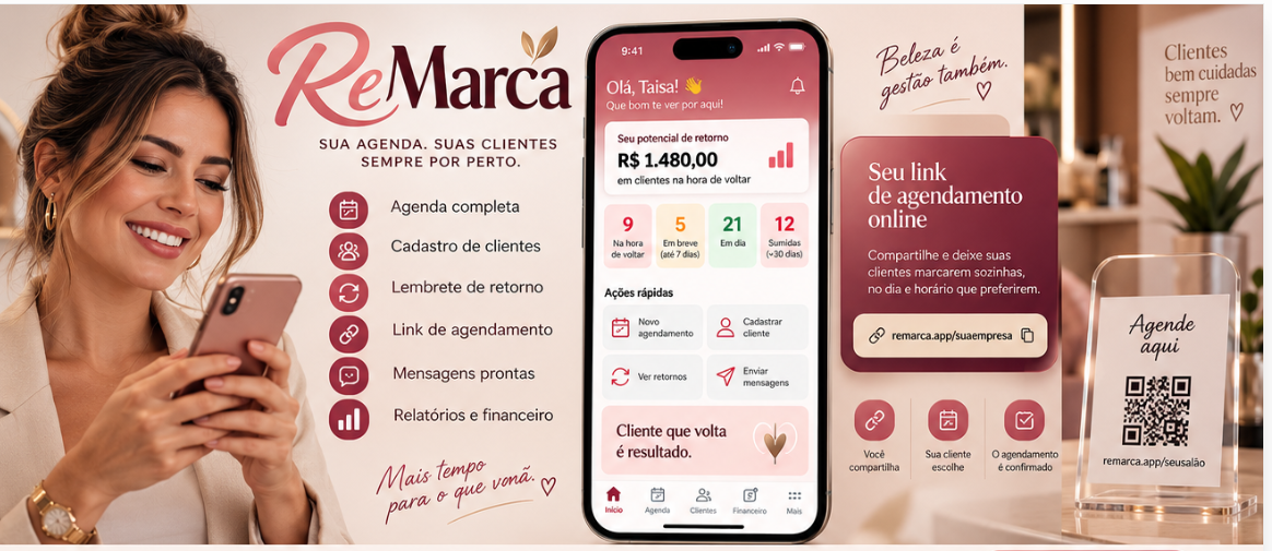 Visão real da ReMarca com tela inicial e recursos de agendamento