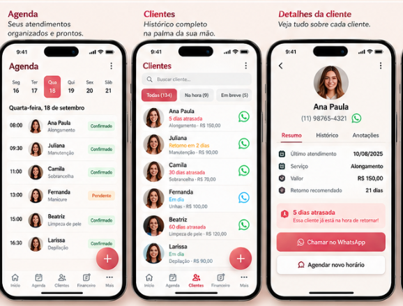 Telas reais da agenda, lista de clientes e detalhes da cliente